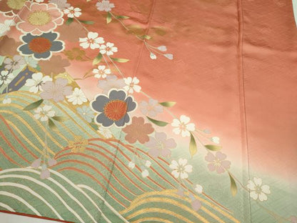 平和屋着物●豪華振袖　流水片輪車草花文　暈し染め　金彩　正絹　逸品　CABG2153ze