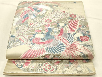 平和屋着物◎六通柄袋帯　唐織　孔雀花文　九百錦プラチナ箔　正絹　逸品　DABF6693qp
