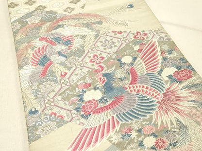 平和屋着物◎六通柄袋帯　唐織　孔雀花文　九百錦プラチナ箔　正絹　逸品　DABF6693qp
