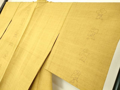 平和屋着物▽訪問着　紬地　単衣　刺し子　童子遊び　正絹　逸品　DABE4826az