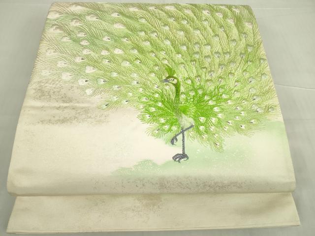 平和屋着物▼太鼓柄袋帯　総刺繍　孔雀文　金彩　引箔　正絹　逸品　DABE4890az
