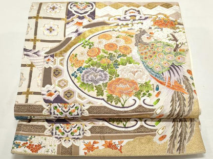 平和屋着物◎六通柄袋帯　唐織　書院之匠　尾長鳥花文　金糸　正絹　逸品　DABF8066we