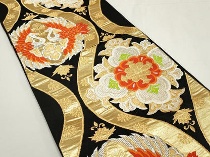 平和屋着物◎六通柄袋帯 唐織 立涌花鳥文 黒地 金銀糸 正絹 逸品 DABF8075we
