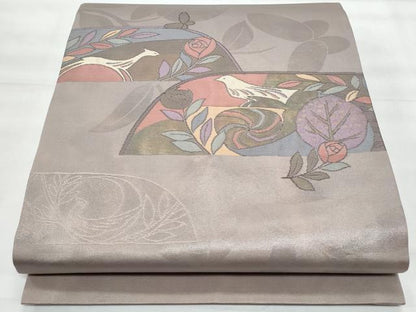 平和屋着物◎九寸開き名古屋帯　動物草花文　正絹　逸品　CABG5134fb