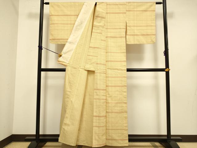 平和屋着物▽上質な紬　単衣　格子　正絹　逸品　DABF5659du