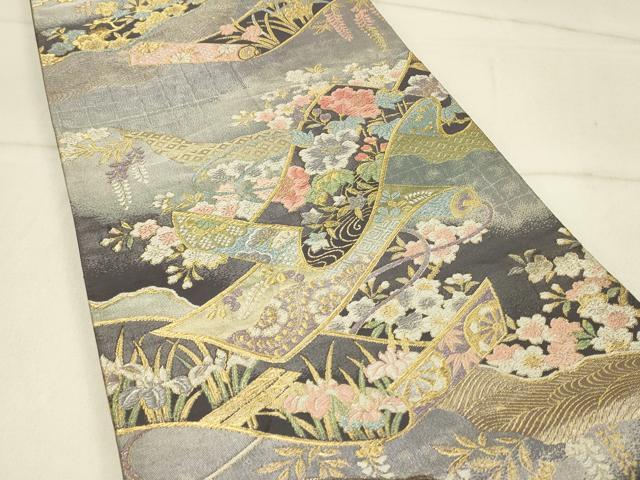 平和屋着物◎六通柄袋帯 絵巻花文 金糸 正絹 逸品 DABF6750qp