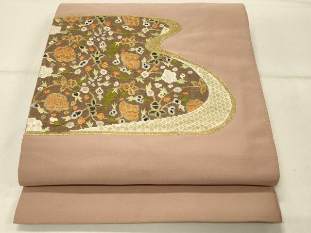 平和屋着物◎綴れ　八寸名古屋帯　総刺繍　草花文　金糸　正絹　逸品　DABF6796qp