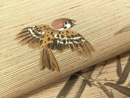 平和屋着物●日本画家　水嶋征夫　両面　太鼓柄袋帯　手描き　ぜんまい紬　すずめ　正絹　逸品　CABG7835vp