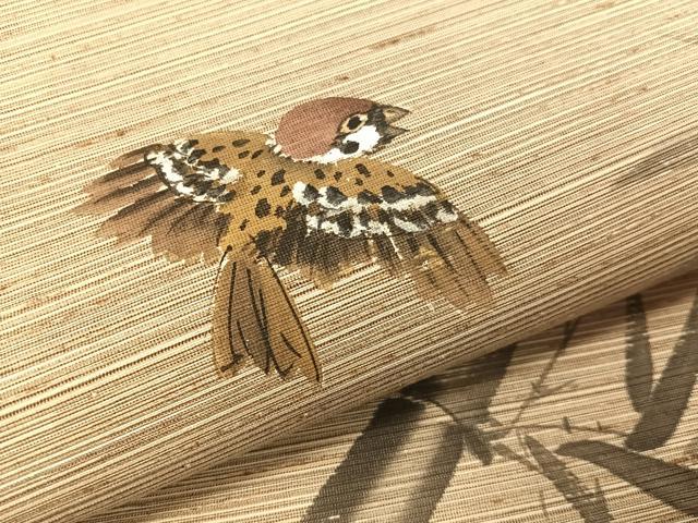 平和屋着物●日本画家　水嶋征夫　両面　太鼓柄袋帯　手描き　ぜんまい紬　すずめ　正絹　逸品　CABG7835vp