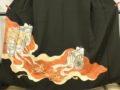 平和屋着物■豪華黒留袖 駒刺繍 御所車文 金糸 正絹 逸品 DABF6821qp