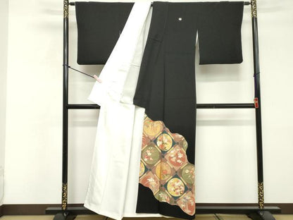 平和屋着物■豪華黒留袖　刺繍　花鳥丸文　玉露茶染　金彩　正絹　逸品　DABF9607cd
