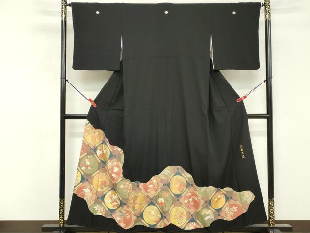 平和屋着物■豪華黒留袖　刺繍　花鳥丸文　玉露茶染　金彩　正絹　逸品　DABF9607cd