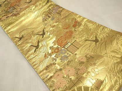 平和屋着物◎佐賀錦 両面 六通柄袋帯 扇面飛鶴花文 金糸 正絹 逸品 未使用 DABF0152ea