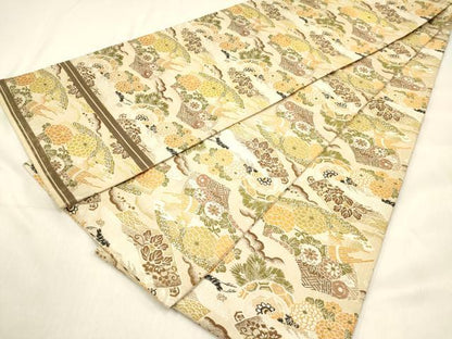 平和屋着物◎アンティーク 大正ロマン 丸帯 地紙飛鶴花文 金糸 正絹 逸品 DABF0159ea