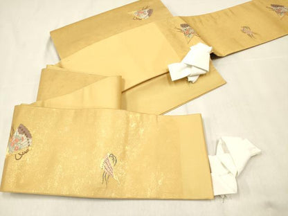 平和屋着物◎つけ帯 唐織 燦金の世界 能 檜扇 金糸 手織引箔 正絹 逸品 未使用 DABF0135ea