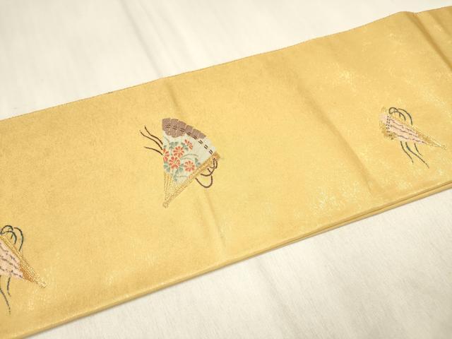 平和屋着物◎つけ帯 唐織 燦金の世界 能 檜扇 金糸 手織引箔 正絹 逸品 未使用 DABF0135ea