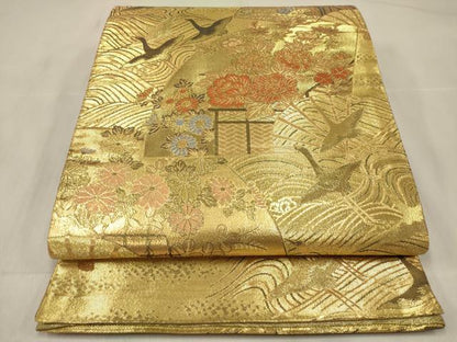 平和屋着物◎佐賀錦 両面 六通柄袋帯 扇面飛鶴花文 金糸 正絹 逸品 未使用 DABF0152ea