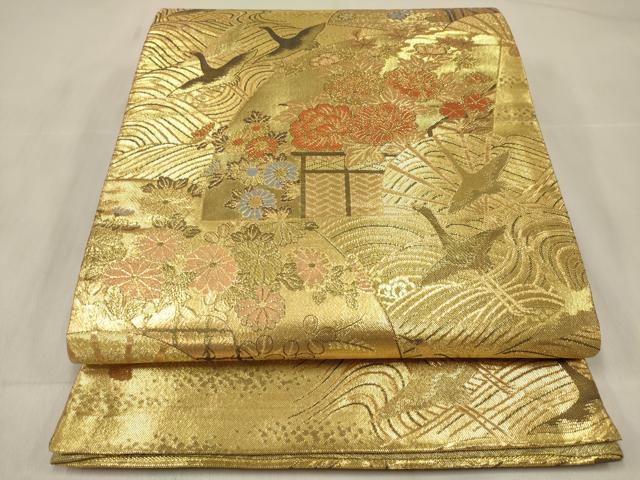 平和屋着物◎佐賀錦 両面 六通柄袋帯 扇面飛鶴花文 金糸 正絹 逸品 未使用 DABF0152ea
