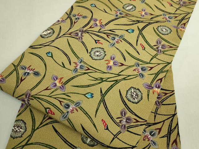 平和屋本店●最高級　城間栄順　本場琉球紅型　九寸開き名古屋帯　舞蝶花文　桑染色地　鬼しぼ縮緬　逸品　DZAB7107kh6