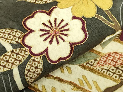 平和屋本店●極上　つけ帯　駒刺繍　花筏　仙斎茶色地　金糸　逸品　DZAB7150kh6
