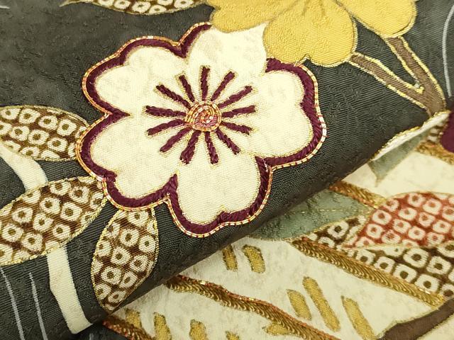 平和屋本店●極上　つけ帯　駒刺繍　花筏　仙斎茶色地　金糸　逸品　DZAB7150kh6