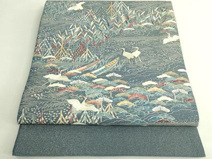 平和屋本店●極上　太鼓柄袋帯　作家物　刺繍　群鶴風景文　金通し地　逸品　DZAB7139kh6