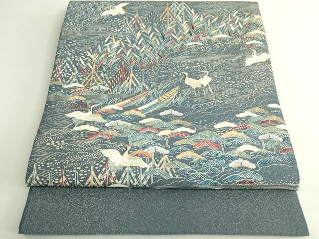 平和屋本店●極上　太鼓柄袋帯　作家物　刺繍　群鶴風景文　金通し地　逸品　DZAB7139kh6