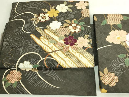 平和屋本店●極上　つけ帯　駒刺繍　花筏　仙斎茶色地　金糸　逸品　DZAB7150kh6