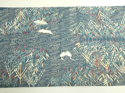 平和屋本店●極上　太鼓柄袋帯　作家物　刺繍　群鶴風景文　金通し地　逸品　DZAB7139kh6