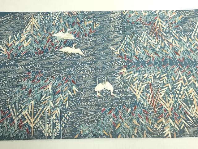 平和屋本店●極上　太鼓柄袋帯　作家物　刺繍　群鶴風景文　金通し地　逸品　DZAB7139kh6