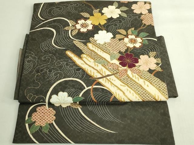 平和屋本店●極上　つけ帯　駒刺繍　花筏　仙斎茶色地　金糸　逸品　DZAB7150kh6