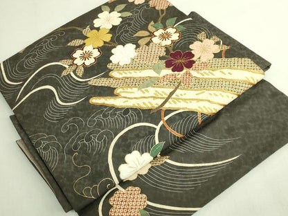 平和屋本店●極上　つけ帯　駒刺繍　花筏　仙斎茶色地　金糸　逸品　DZAB7150kh6