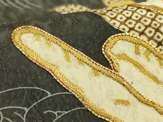 平和屋本店●極上　つけ帯　駒刺繍　花筏　仙斎茶色地　金糸　逸品　DZAB7150kh6