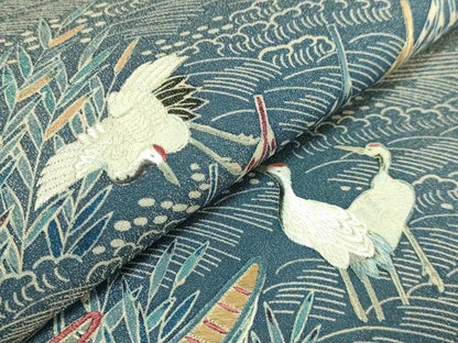 平和屋本店●極上　太鼓柄袋帯　作家物　刺繍　群鶴風景文　金通し地　逸品　DZAB7139kh6