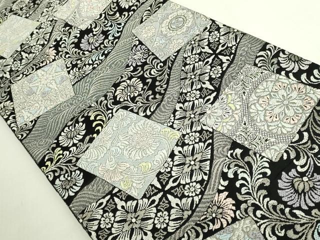 平和屋着物●極上　六通柄袋帯　唐織　色紙花文　黒地　銀糸　逸品　DZAB7141kh6