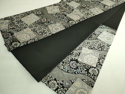平和屋着物●極上　六通柄袋帯　唐織　色紙花文　黒地　銀糸　逸品　DZAB7141kh6