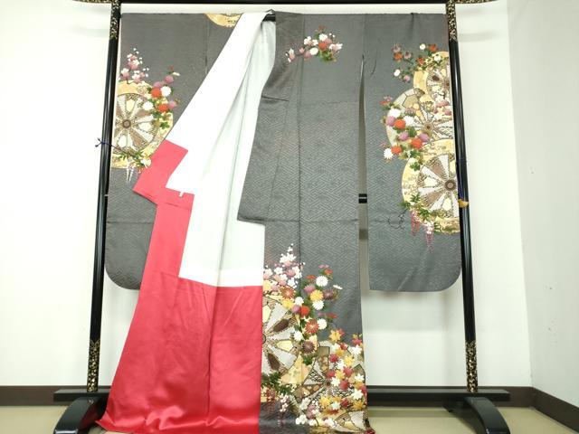 平和屋着物●女優・後藤久美子ブランド　振袖　駒刺繍　源氏車花文　金彩　正絹　逸品　DABF7209ps