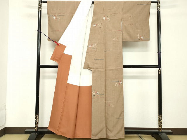 平和屋着物■上質な小紋　紬地　絞り　草花文　正絹　逸品　DABF9653cd