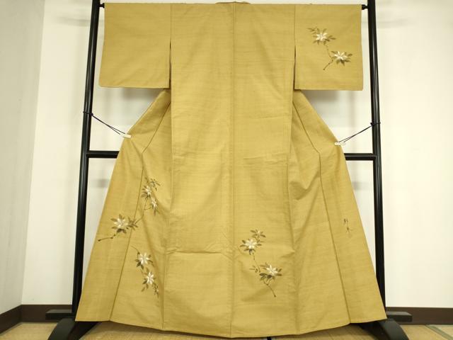 平和屋着物▽訪問着　紬地　単衣　作家物　枝花文　手描き　正絹　逸品　未使用　DABG0042az