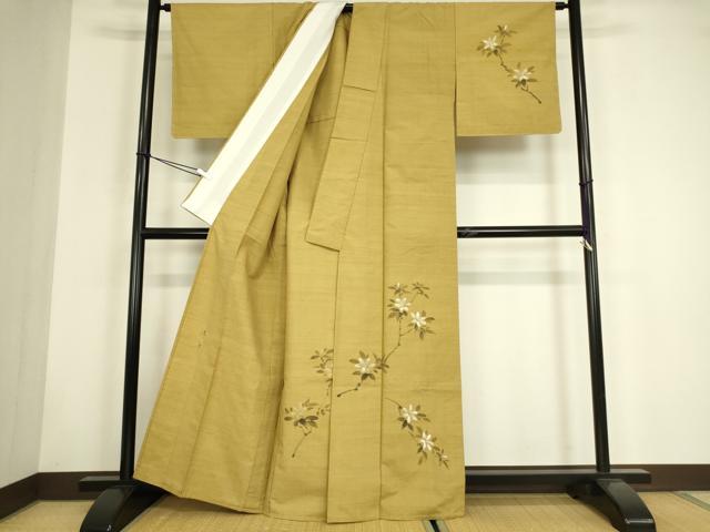 平和屋着物▽訪問着　紬地　単衣　作家物　枝花文　手描き　正絹　逸品　未使用　DABG0042az