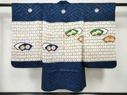 平和屋着物[]七五三　男の子　祝着・羽織　駒刺繍　地紙重ね花文　金彩　洗える着物　DABE7328ma