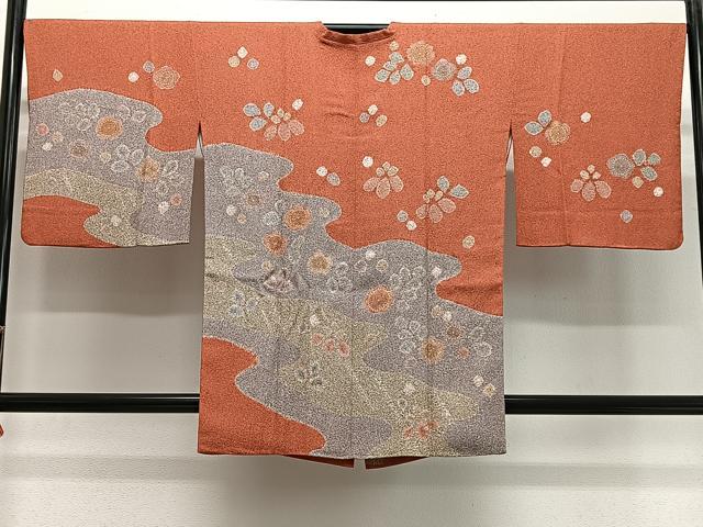 平和屋着物∞道行コート　流水花文　正絹　逸品　CABG3913ua