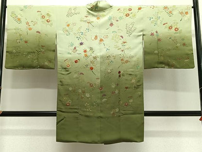 平和屋着物∞道行コート　駒刺繍　草花文　暈し染め　金彩　正絹　逸品　CABG3941ua