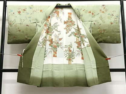 平和屋着物∞道行コート　駒刺繍　草花文　暈し染め　金彩　正絹　逸品　CABG3941ua