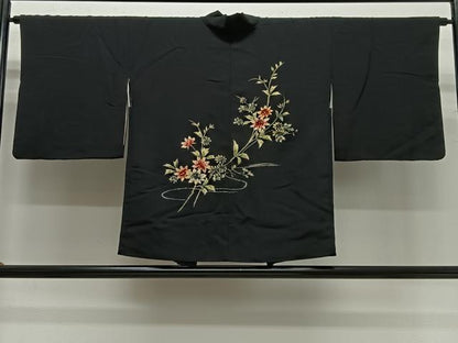 平和屋着物∞羽織　総刺繍　枝花文　黒地　正絹　逸品　CABG3935ua
