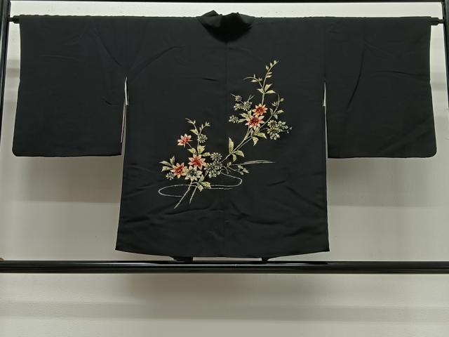 平和屋着物∞羽織　総刺繍　枝花文　黒地　正絹　逸品　CABG3935ua