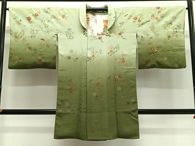 平和屋着物∞道行コート　駒刺繍　草花文　暈し染め　金彩　正絹　逸品　CABG3941ua