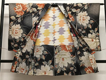 平和屋着物∞アンティーク　大正ロマン　長羽織　枝花文　黒地　正絹　逸品　CABG3962ua
