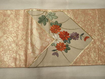 平和屋着物◎九寸名古屋帯　駒刺繍　花唐草文　金糸　正絹　逸品　CABH2840oy