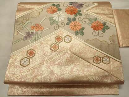 平和屋着物◎九寸名古屋帯　駒刺繍　花唐草文　金糸　正絹　逸品　CABH2840oy